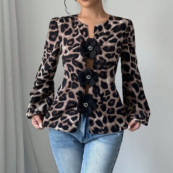 Black Casual Women's Elegant 3d Floral & Leopard Print Lantern Sleeve Blouse - Picture 3 of 5